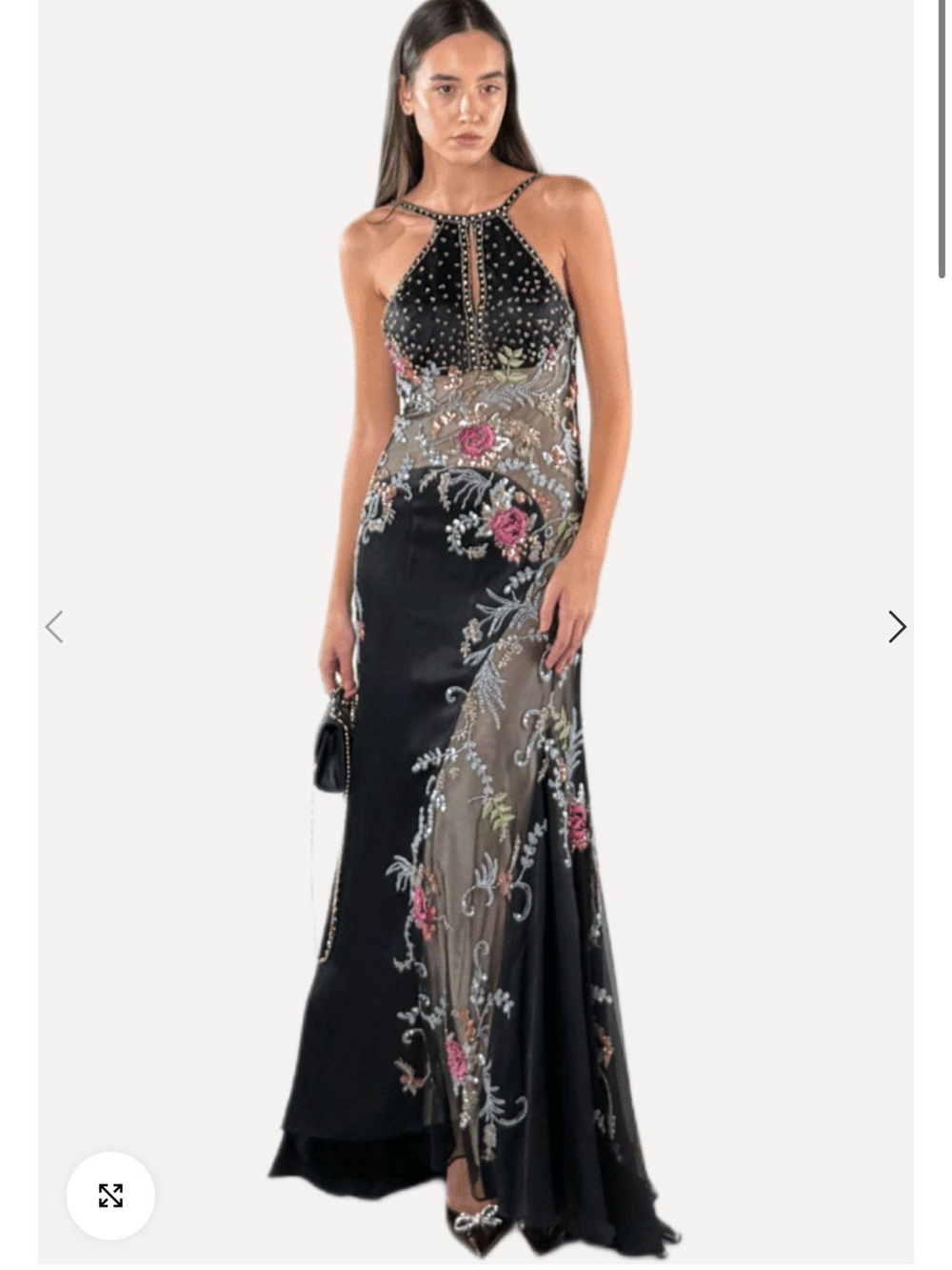 Beaded Embroidered Black Halter Evening Gown with Floral Appliqué